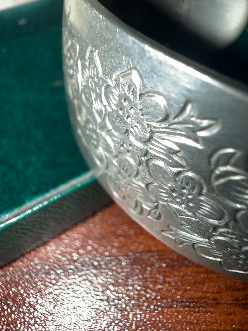 Engraved Floral Silver Cuff Bracelet - Pewter Larkspur Design
